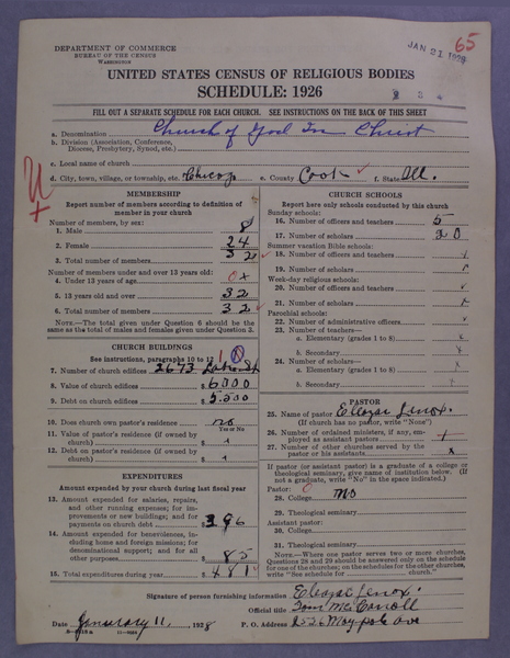 Figure 2. An example of a schedule from the Census. This schedule is from a Church of God in Christ located in Chicago, Illinois.