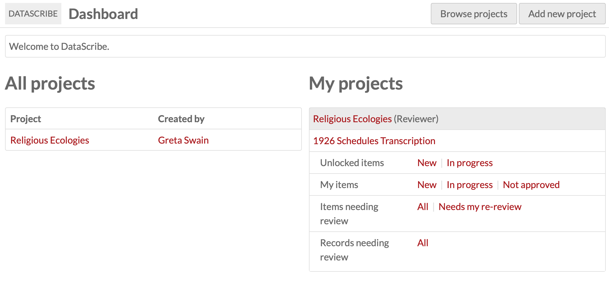 The Datascribe dashboard when the user first logs in.