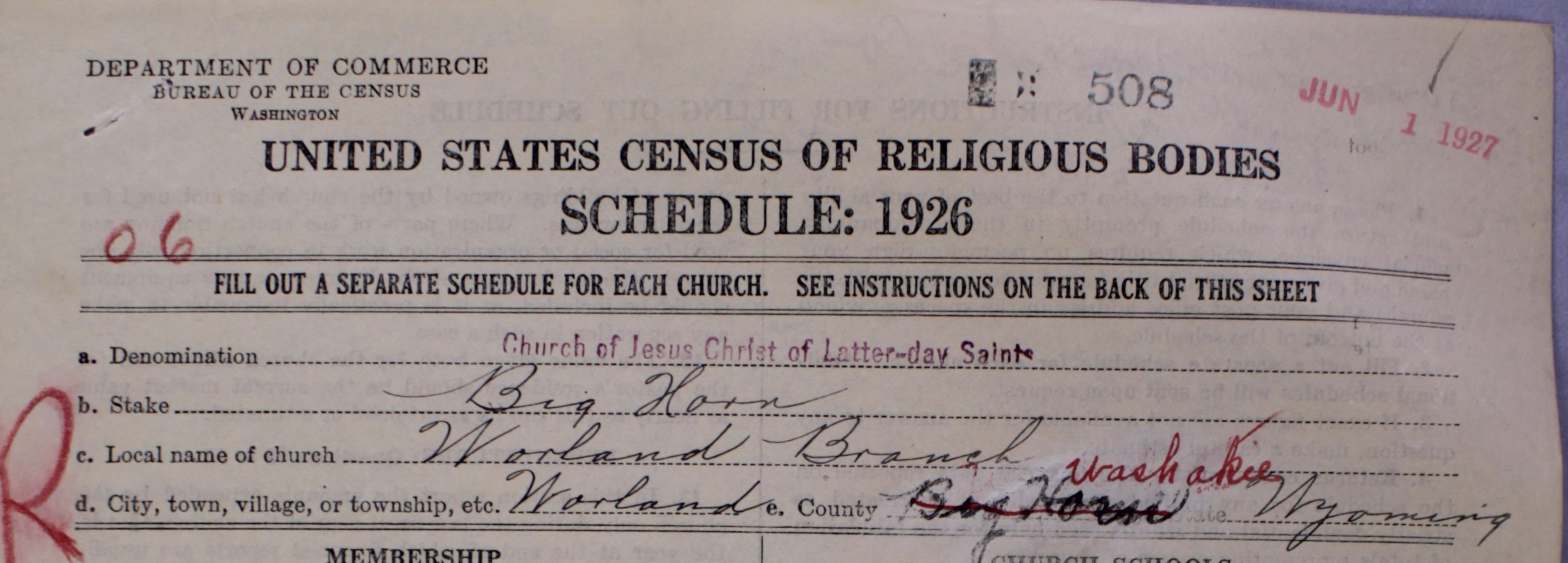 Figure 2. The Census Bureau corrected the county for the Worland Branch to Washakie County, Wyoming.
