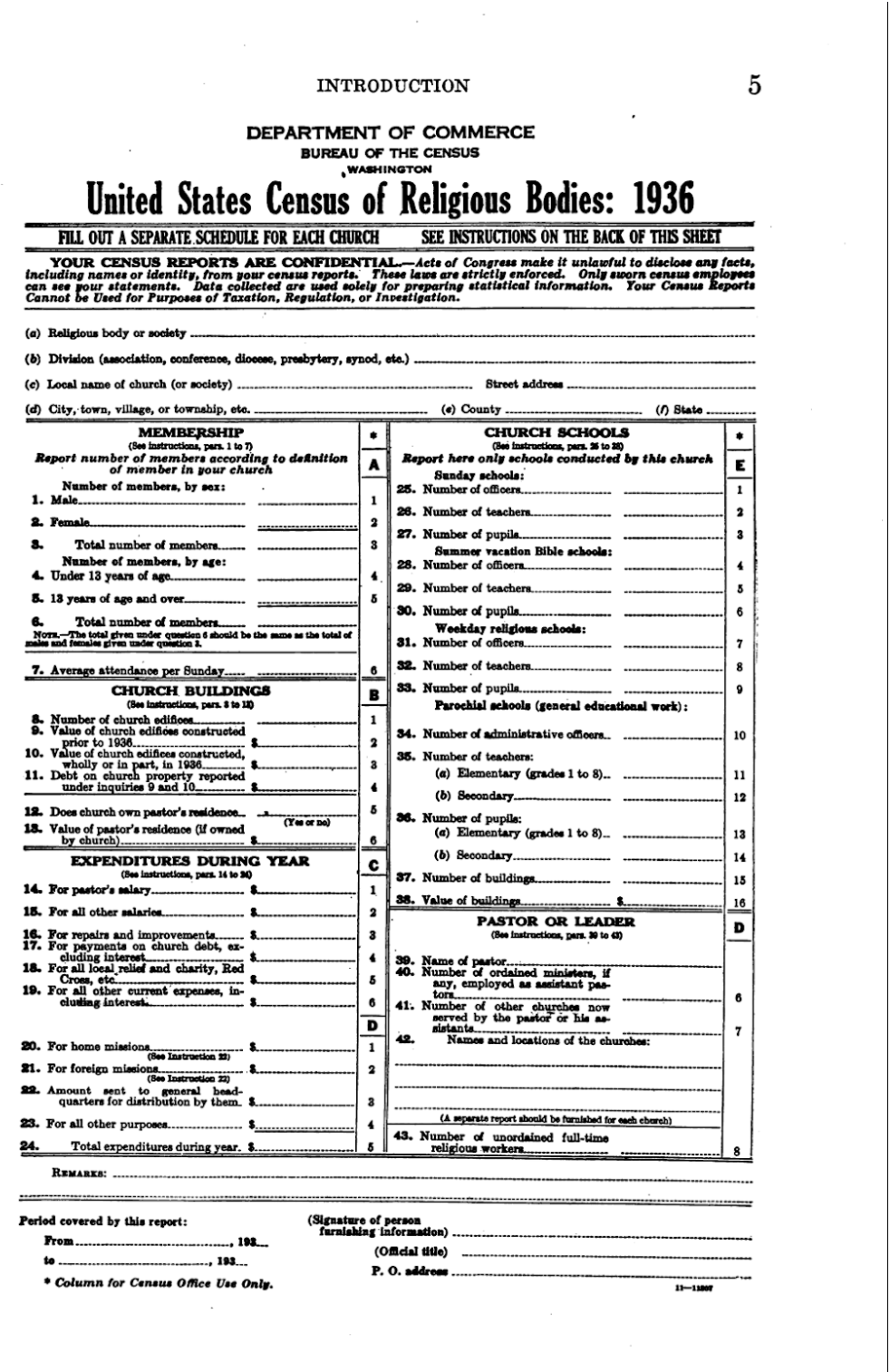 Figure 3. The sample schedule form from the 1936 U.S. Census of Religious Bodies, Religious Bodies: 1936 1:5
