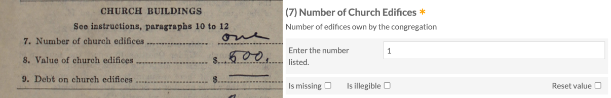 Figure 1. Side by side images of “one” being written out on the form and “1” being entered in the form to show the different way data was written on the schedules.