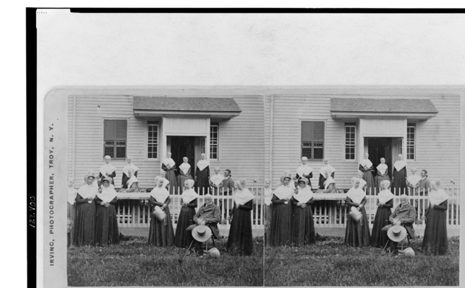 Figure 2. A group of Shakers posing for a postcard photograph in Troy, New York in the 1870s. Note the clothing and the preponderance of women to men. Photo from the Library of Congress. [Irving, James E., &lsquo;Group of Shakers&rsquo;, between 1870 and 1880, Photograph, Washington D.C , Library of Congress, Prints and Photographs Division.]