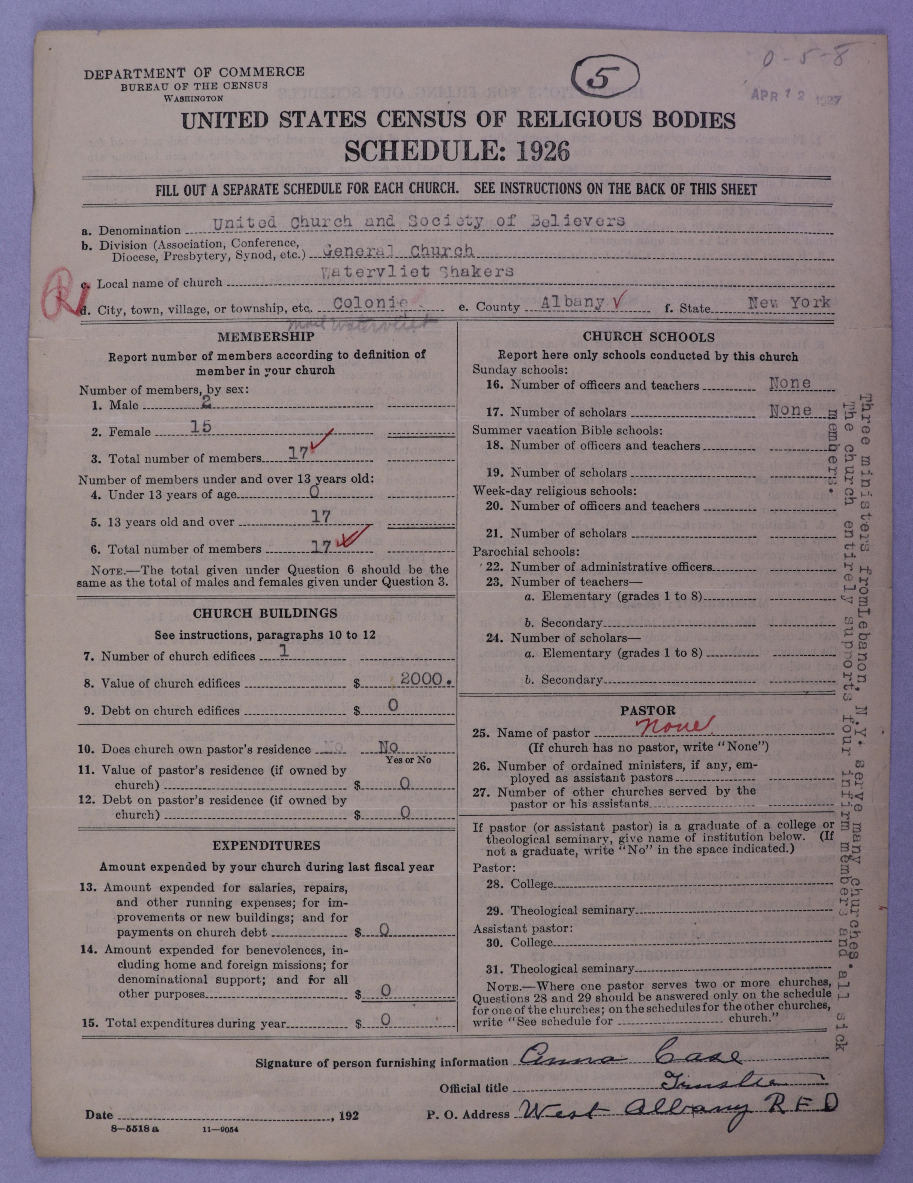 The 1926 Census Schedule for the Watervliet Shakers in Colonie, New York.